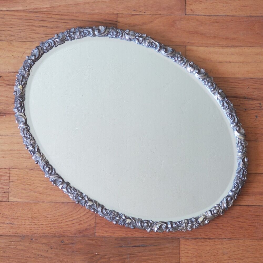 Vintage Pewter Tabletop Mercury Vanity Mirror Raised‎ Grape Leaf Pattern Oval
